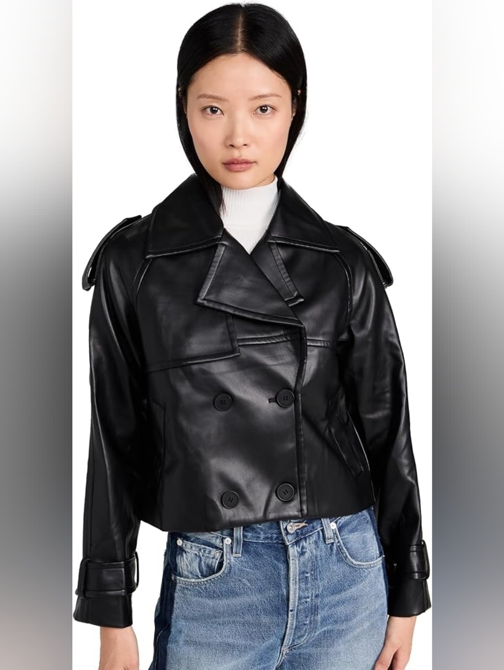NWT Women's Black Faux Leather Cropped Double-Breasted Jacket